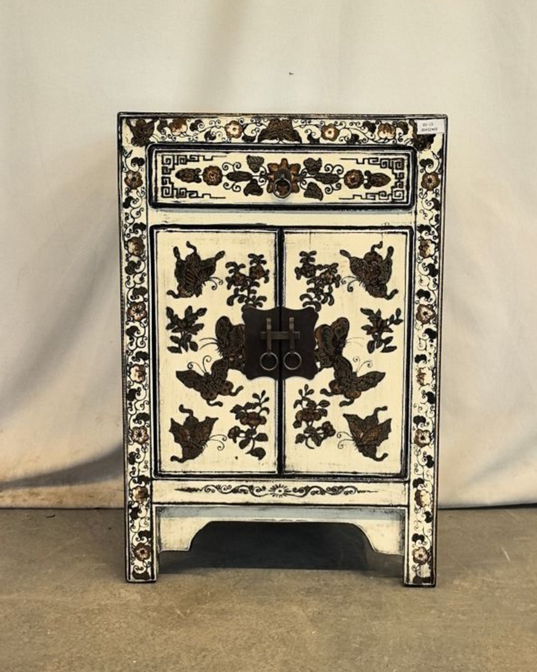 H3-13-1 Comodino tibetano decorato - 1 cassetto 2 ante bianco