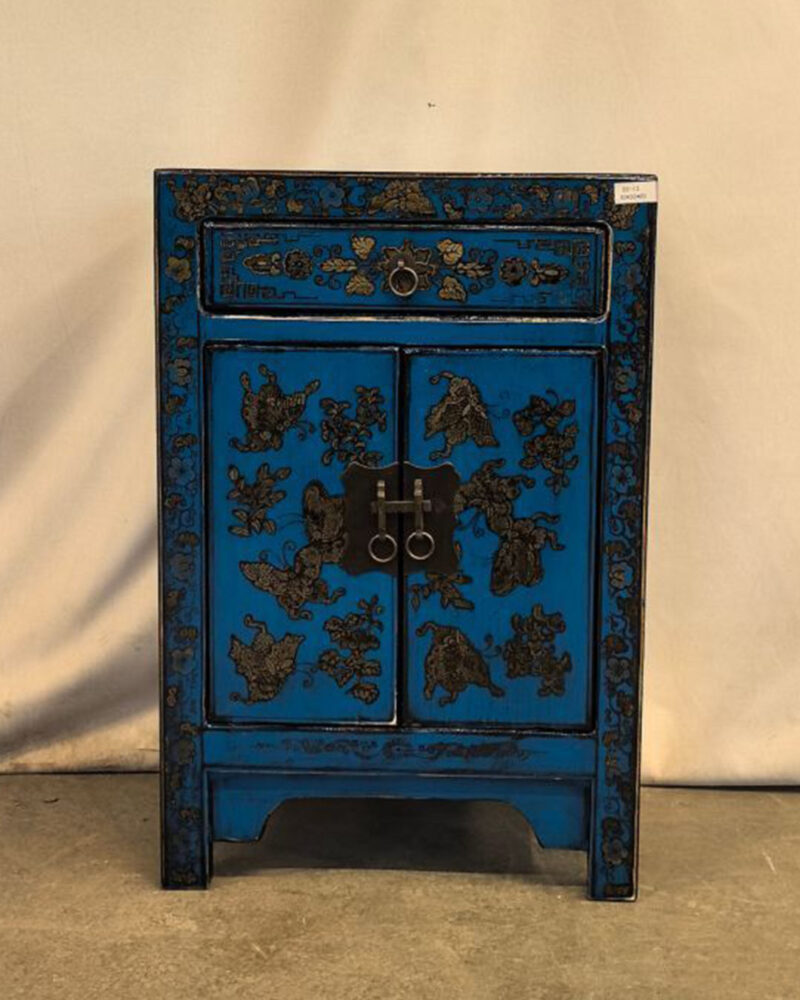 Comodino tibetano decorato - 1 cassetto 2 ante blu