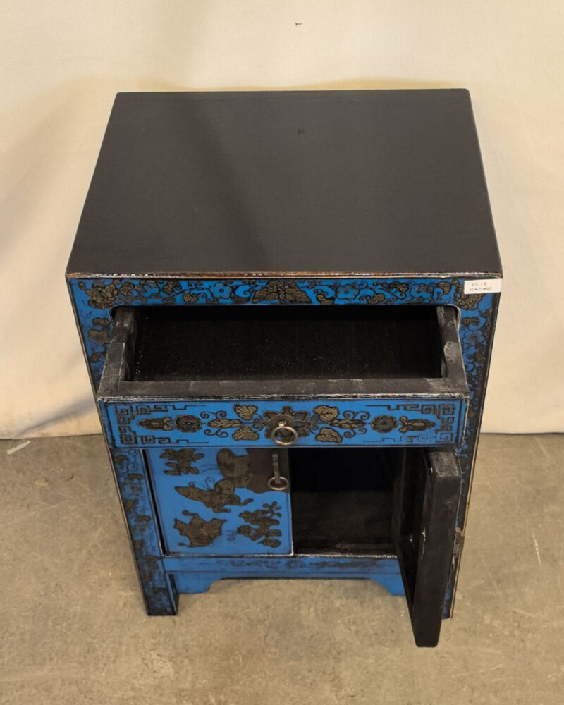 Comodino tibetano decorato - 1 cassetto 2 ante blu
